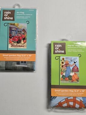 Rain or Shine Garden Flags - Red Truck & Harvest Scarecrow - Green, Teal, Orange